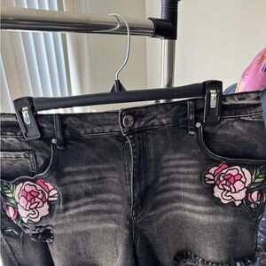 Black Denim Shorts with Pink Floral Embroidery